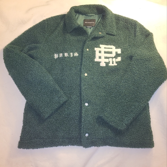 ELEVEN PARIS Embroidered Sherpa Snap Front Varsity Jacket in Fir Green, Size M - Picture 4 of 8